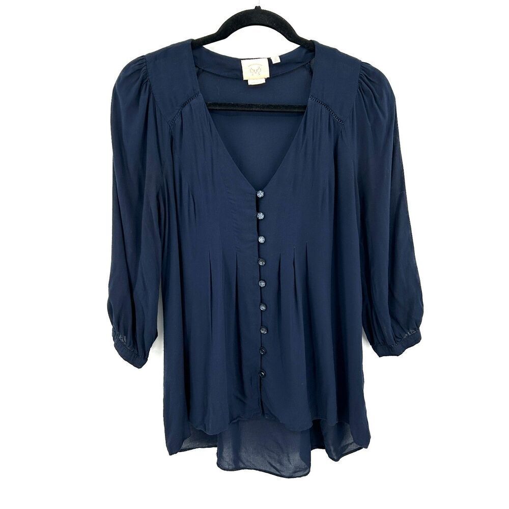 ANTHROPOLOGIE Vanessa Virginia Navy Blue Button Up Lightweight Blouse Size 2